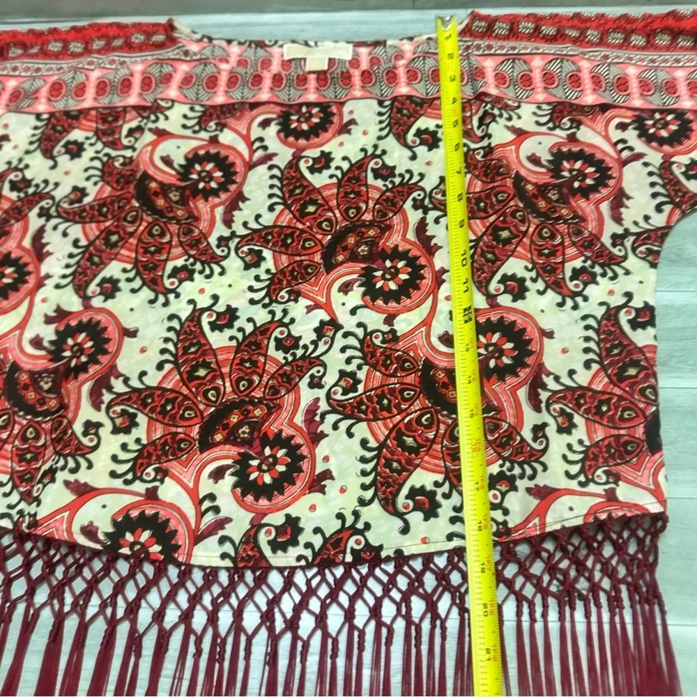 Michael Kors Coral and Cream Paisley Off-Shoulder Fringe Top M